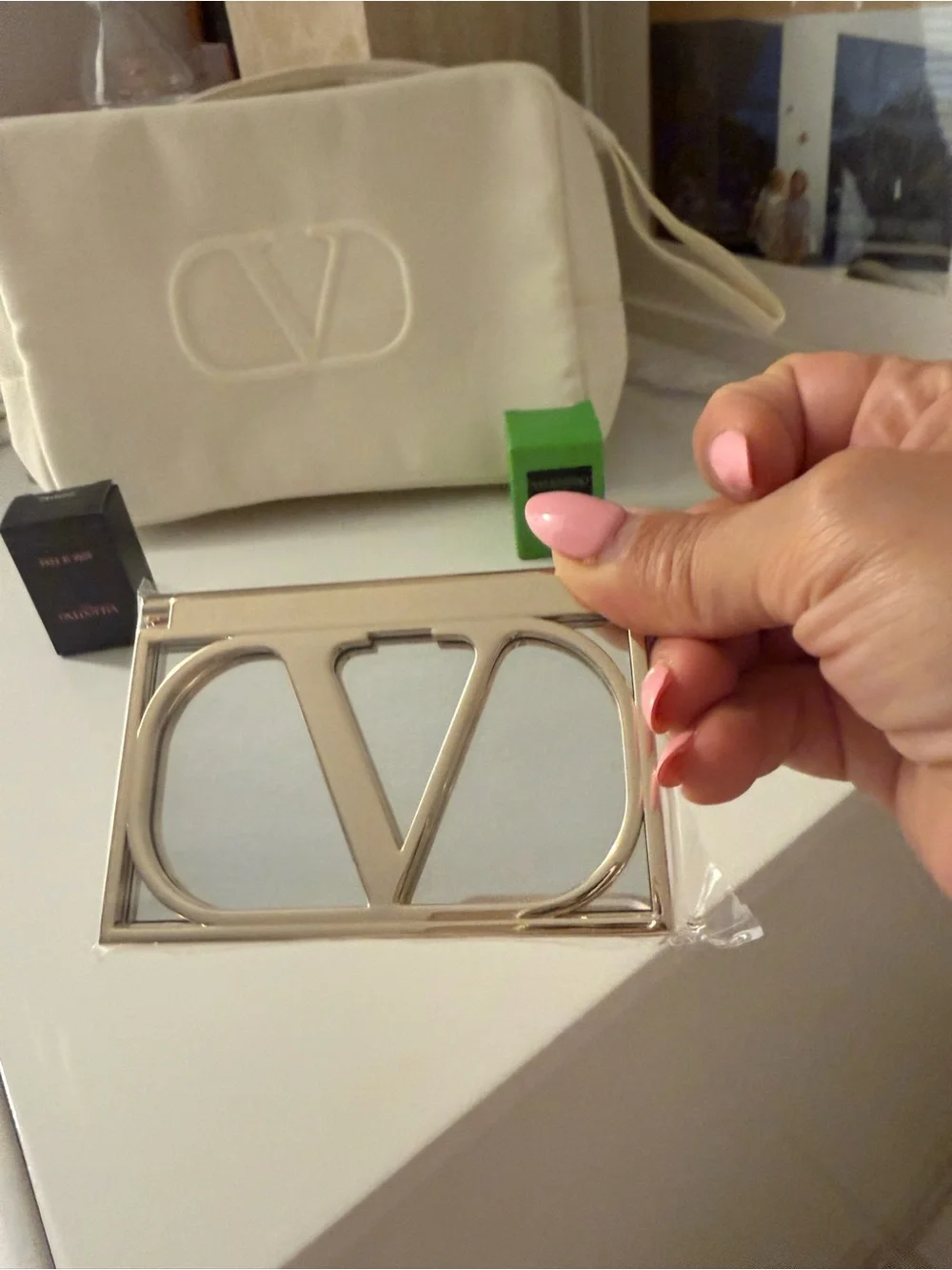 Valentino Cream Embossed Logo Crossbody Bag - Cream with V mirror and minis